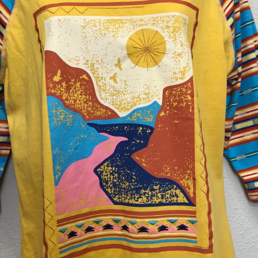 Panhandle Top Shirt Womens L Yellow 3/4 Raglan Sleeve Western Desert Sunset Prin - Picture 2 of 9